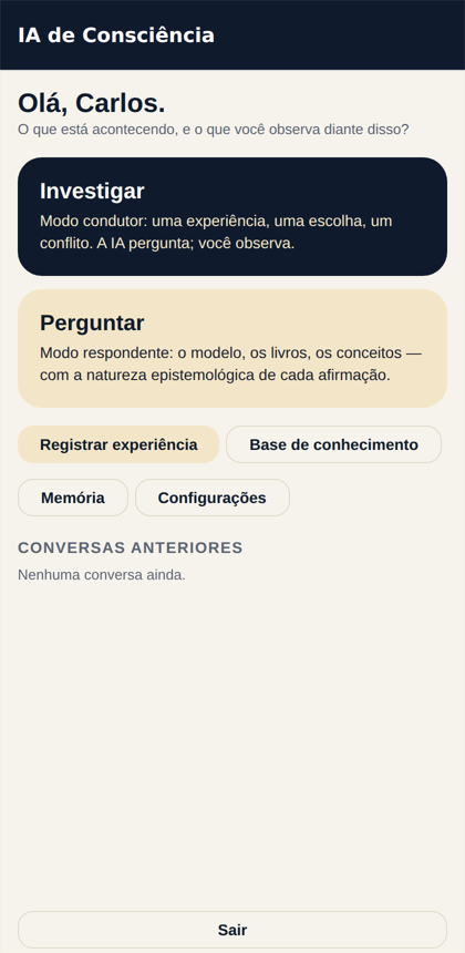 Tela inicial da IA de Consciência, aplicativo Imitação de Cristo.