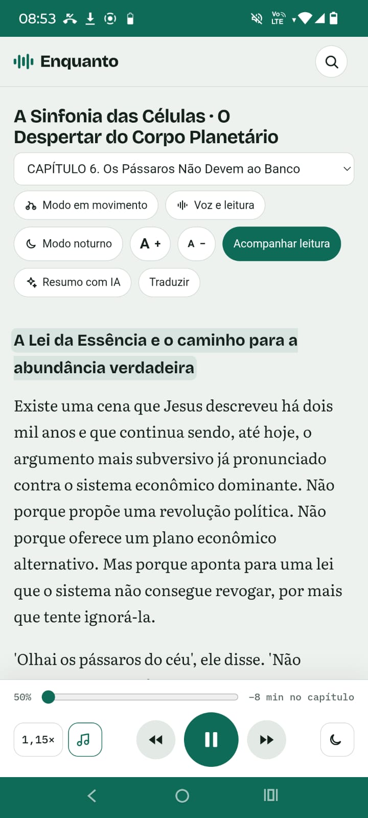 Captura real do aplicativo Enquanto aberto em um livro, com opções de leitura e áudio